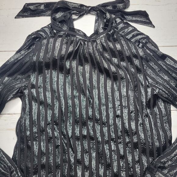 J.Crew Metallic Silk Blend Chiffon Mock Neck Top Black Stripe Tie Shirt Medium - Picture 5 of 9